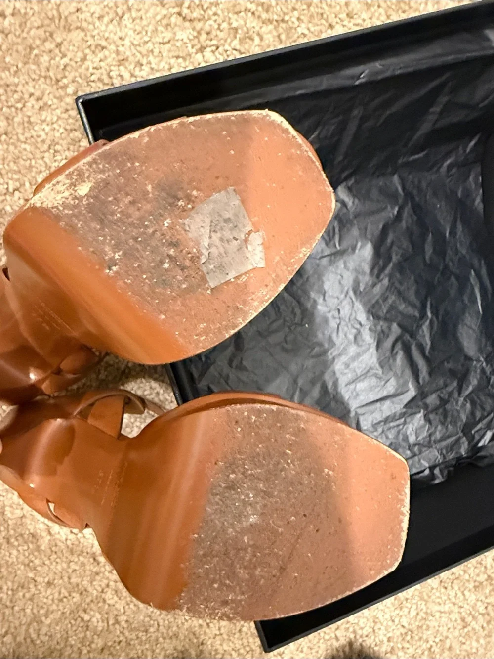 Saint Laurent Tribute 105 Camel Leather Platform Sandals Heels 37.5 Full Set - Picture 12 of 13